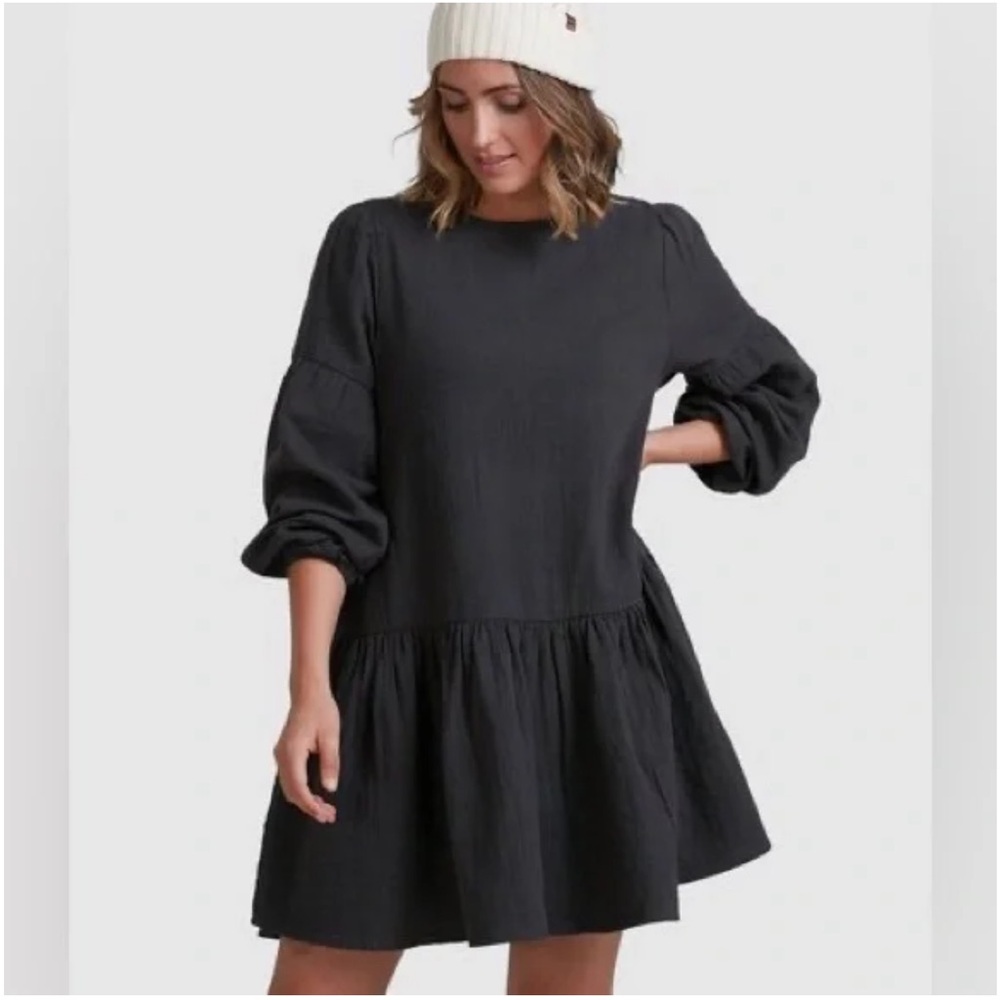 Billabong Charcoal Long Sleeve Gauze Babydoll Mini Dress Size Medium